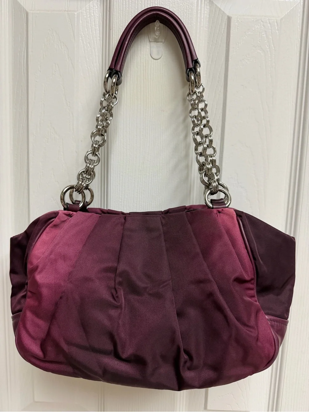 Prada Two-Tone Plum Satin Shoulder Bag with Chain Handles - Picture 2 of 14